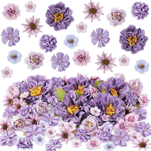 Thiccywoov 250 Pcs Artificial Flowers Heads Mini Silk Mix Flowers Fake Peony Daisy Rose Flowers Multicolor Small Flower Heads for Wedding Home Decorations Party Craft Garland DIY (Purple)