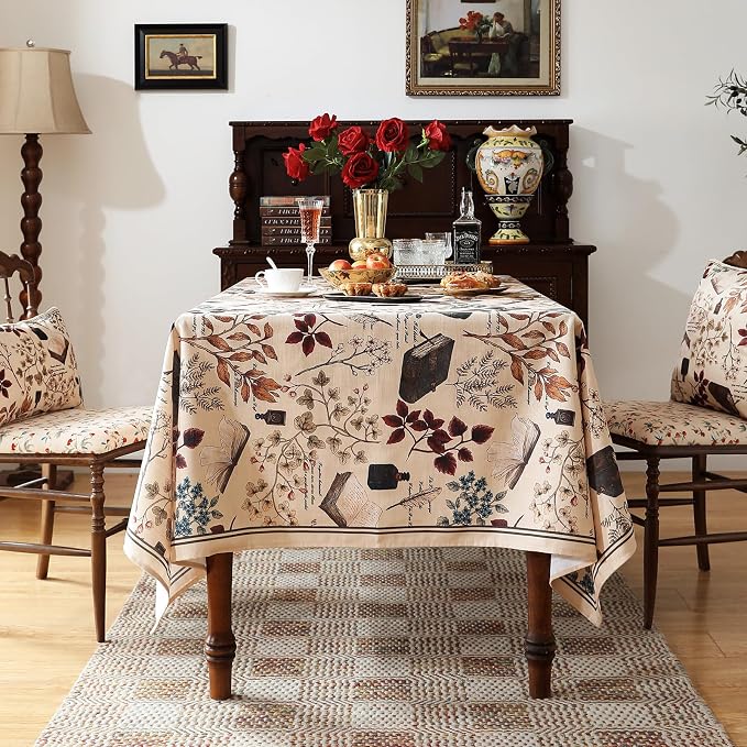 ISAENNE Designer French Linen Rectangular Tablecloth,94"x63"-Xipeia | Vintage Elegant Printed Table Cloth for Rectangle Table,Floral Pattern,Heavyweight,Dining Room,Kitchen,Thanksgiving,Decor