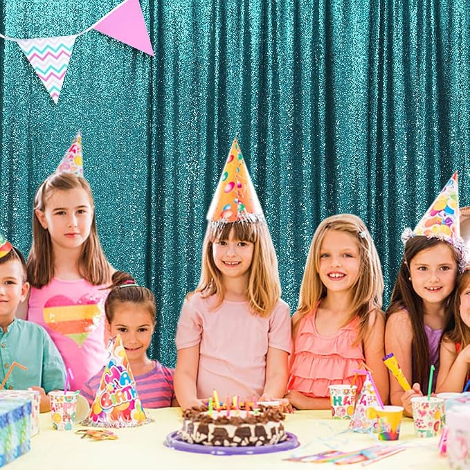 SquarePie 8x8ft Teal Sequin Backdrop for Photography, Satin-Backed Real Sequin Curtain, Enhanced Coverage Shimmering Background with 4" Rod Pocket for Wedding, Birthday, Party Decor, 1 Panel
