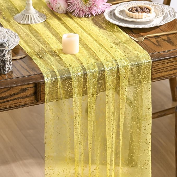 Artoid Mode 10PCS Light Yellow Gold Gauze Table Runner 120 Inch 10FT, Glitter Metallic Foil Sheer Dining Wedding Anniversary Holiday Birthday Table Decor for Home Party