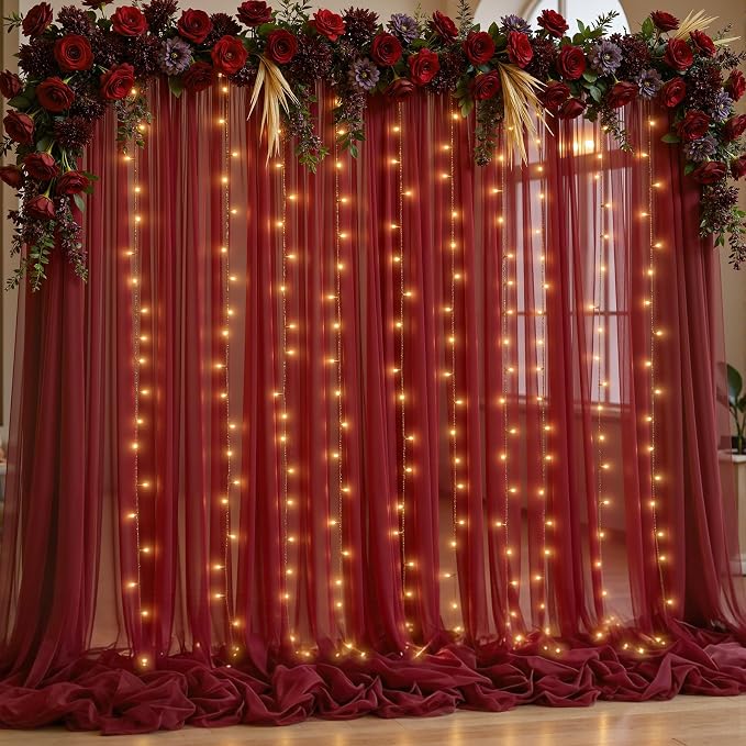 10x10ft Burgundy Tulle Backdrop Curtain with Lights String for Parites, Sheer Backdrop Curtains for Wedding Baby Shower Birthday Party Photo Shoot Decorations