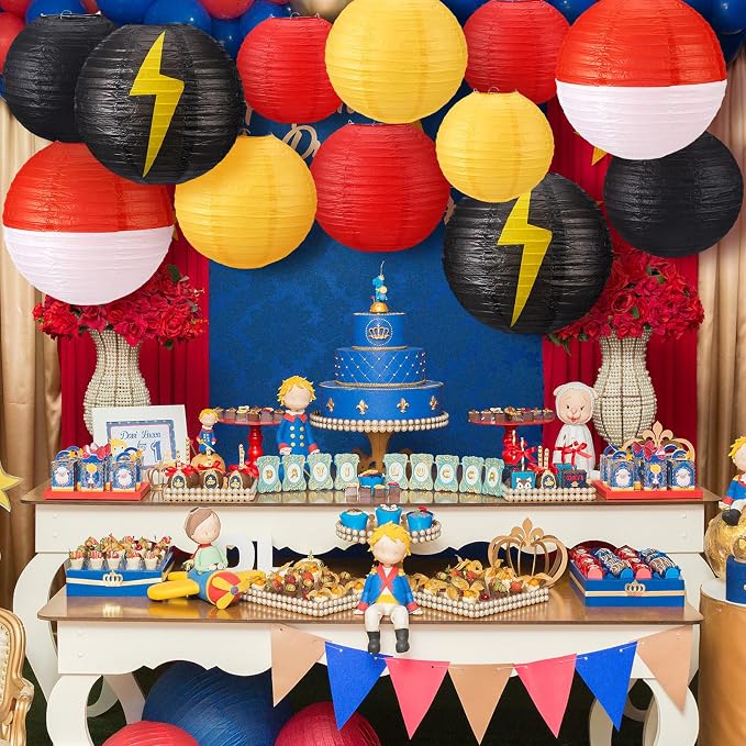 Weysat 12 Pcs Cartoon Ball Animation Themed Hanging Paper Lanterns Cartoon Game Anime Themed Red Black Yellow and White Round Lantern Decorations for Birthday Party Shower Classroom Home Decor