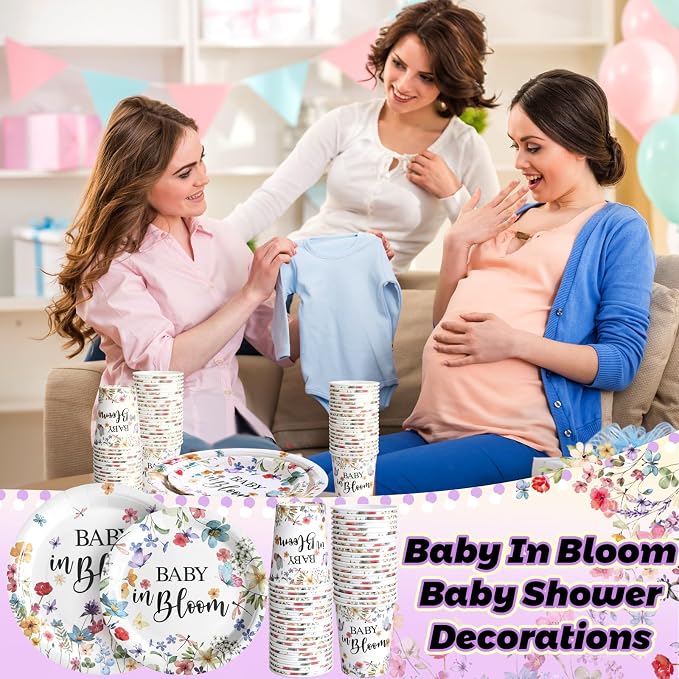 Hsei 250 Pcs Baby in Bloom Baby Shower Decorations Wildflower Plates and Napkins Set Floral Party Tableware Set for 50 Guests Floral Disposable Plates Napkins Cups for Birthday Party Supplies