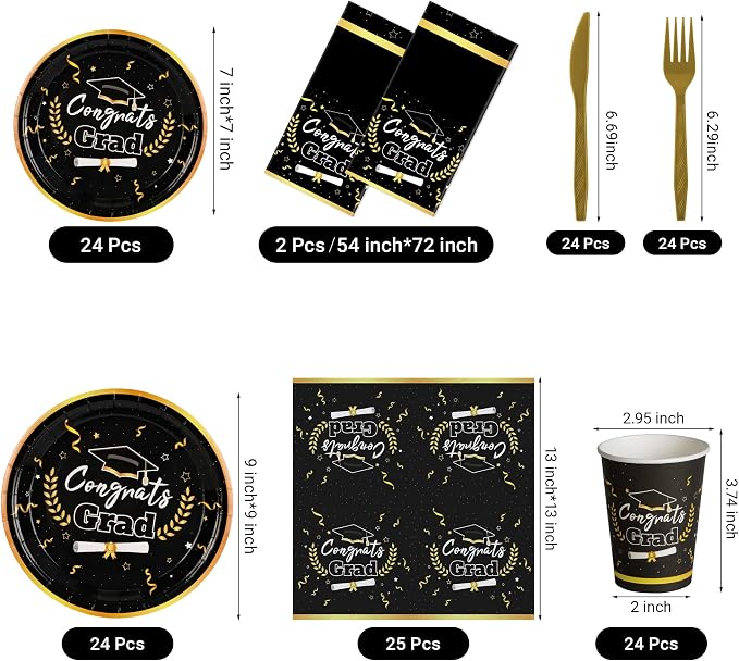 Graduation Decorations 2026 Graduation Party Decorations,147 PCS Disposable Graduation Grad Tableware,Black and Gold Graduation Tablecloth Knives Fork Plates Napkin Cups Graduation Party for 24 Guests