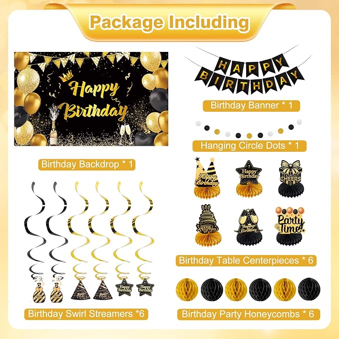 Happy Birthday Party Decoration Set: Including Birthday Banner Backdrop, Party Table Centerpieces and Hanging Swirl Party Streamers, Birthday Decor for Men and Women (Gold/Black, Happy Birthday)