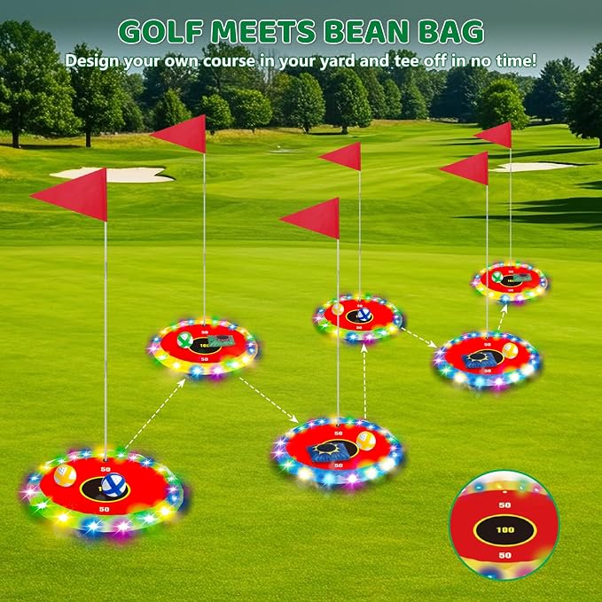 TERRAMUS Glow in the Dark Golf & Toss Game, 2 in 1 LED Target Set with 2 Clubs, 18 Balls, 6 Bean Bags, Outdoor Indoor Backyard Toy for Kids Ages 4 5 6 7 8, Birthday Gifts for Boys Girls