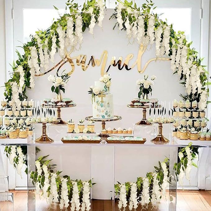 Wisteria Artificial Flowers Garland, 8Pcs Total 57.6ft Silk Faux Wisteria Vine Kit, Hanging Flower Plant for House Outdoor Garden Ceremony Outside Wedding Arch Floral Decor (8, White)