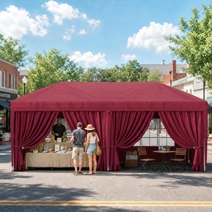 KIGOTY 10x20 FT Portable Pop Up Canopy Tent, Adjustable Height Instant Gazebo with Sidewalls, Sandbags, Waterproof Outdoor Canopy for Camping, Parties, Vendor Events (RED, 3m × 6m with sidewalls)