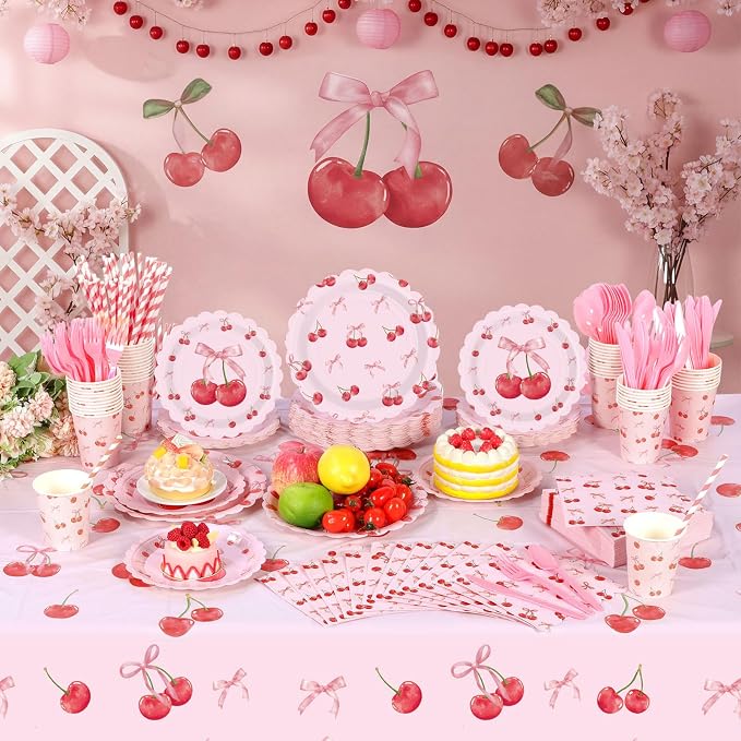 Funnymoom 452 Pcs Cherry and Bow Party Decoration Serves 50, Cherry Birthday Baby Shower Scalloped Paper Plates Napkins Cups Tablecloth Cutlery Straws for Pink Bow Birthday Baby Shower Party Supplies