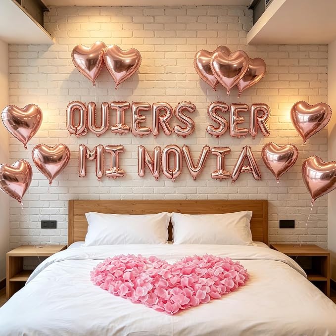 QUIERES SER MI NOVIA - 1200pcs Rose Gold Artificial Roses, 16" Letter Balloons, 18" Heart Balloons - Valentines Day Decorations