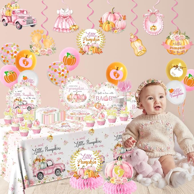 Little Pumpkin Baby Shower Decorations,198pcs A Little Pumpkin is On The Way Baby Shower Plate and Napkins Cups Tablecloth Cake Topper Honeycomb Balloon Fall baby shower Decorations for Girl ,Serve 24