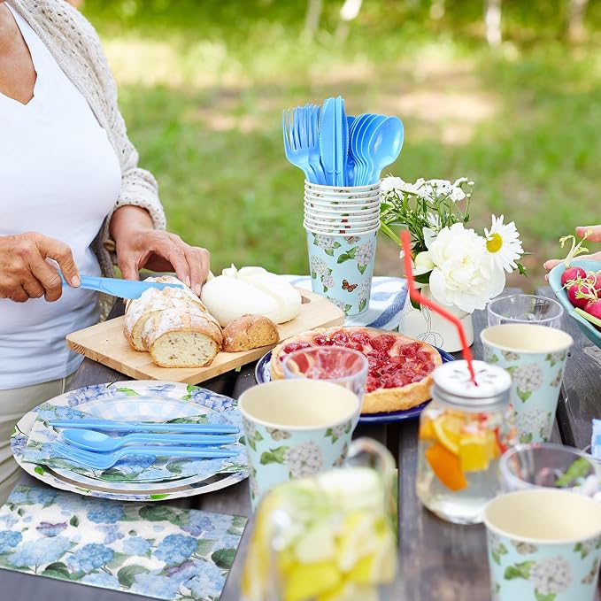 Sinmoe 400 Pcs Summer Hydrangea Floral Plates and Napkins Set Blue Flower Dinnerware Disposable Party Supplies for 50 Guest Dinnerware Knife Fork Spoon for Summer Hydrangea Birthday Party Decoration