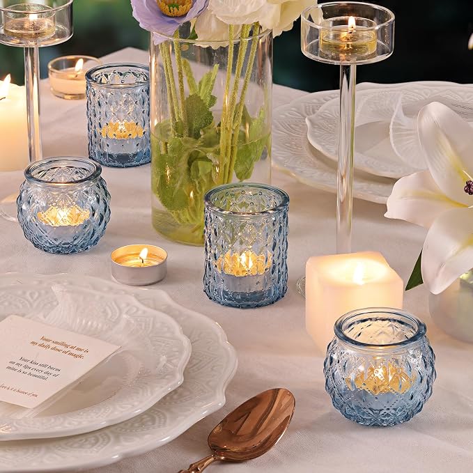 DARJEN 12Pcs Blue Votive Candle Holders- Glass Candle Holder for Vintage Decoration, Tea Lights Candle Holders for Wedding, Party Table Centerpieces & Gift