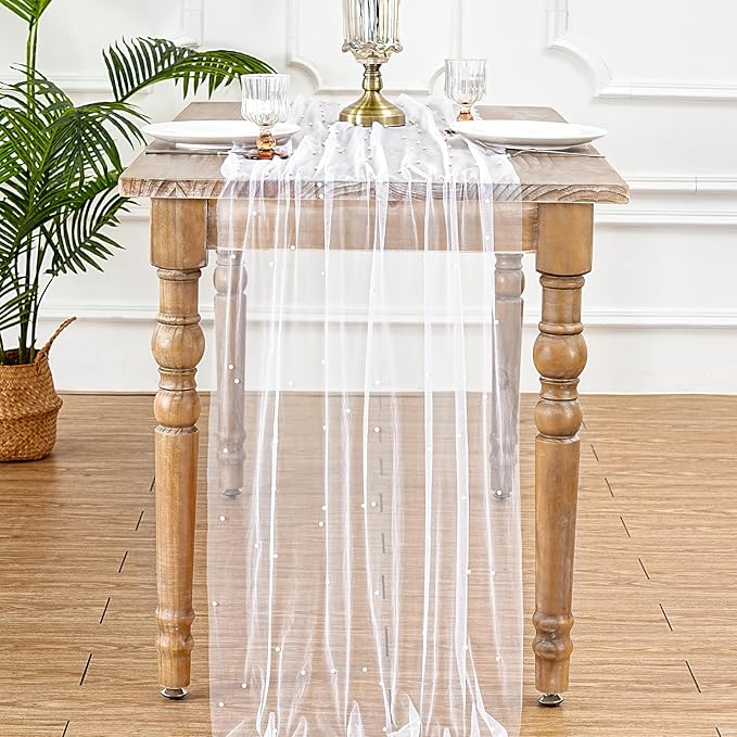 White Pearl Table Runner Tulle: 10ft Pearl Kitchen Linen 29x120 Inch Sheer Gauze Fabric for Wedding Decor Birthday Party Dining Table Cover