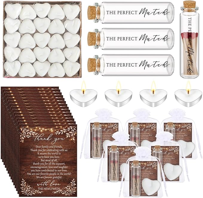 50 Sets Wedding Party Favors for Guests Bulk Including Heart Shaped Candles and Empty Matches Jars with Cork Top Thank You Cards and Organza Bags for Wedding Bridal Shower Party (String Lights)