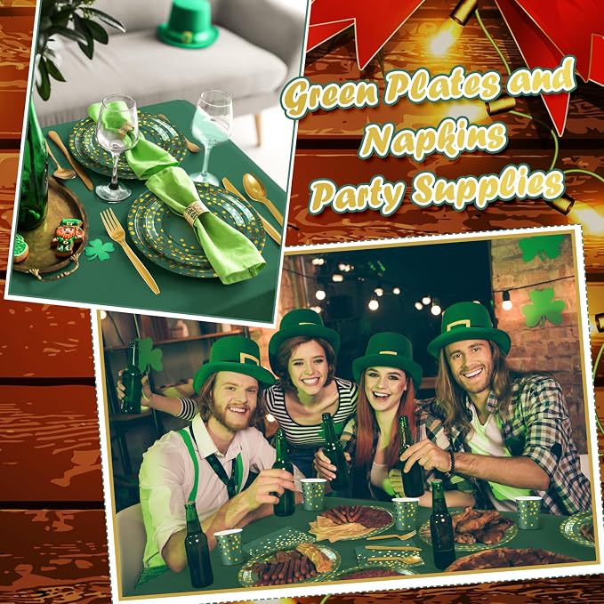 Tegeme 256 Pcs Dark Green and Gold Dot Party Supplies Paper Plates Napkin Tablecloth Set Disposable Cup Fork Knives Spoon Serve 36 Dinnerware for Birthday Wedding Aniversary Baby Shower Decoration