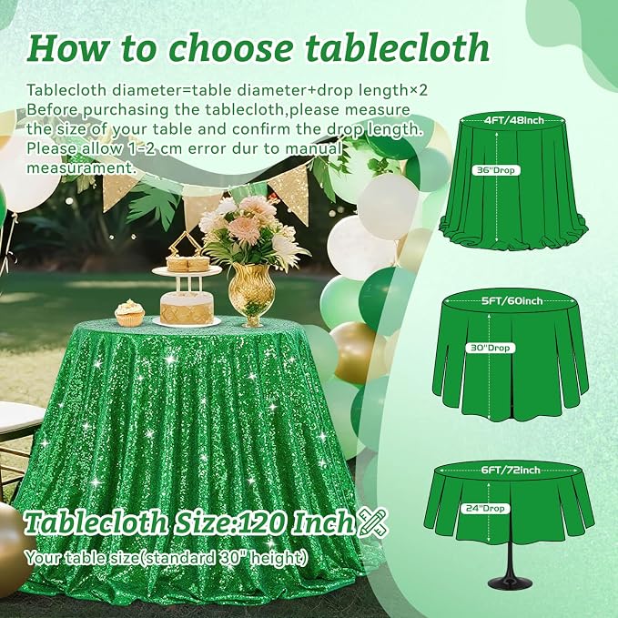 B-COOL Round Tablecloth Sequin Draping Decorations: 120 Inch Tablecloths Sequin Overlay Green Shimmer Fabric for Birthday Dinner Parties Christmas