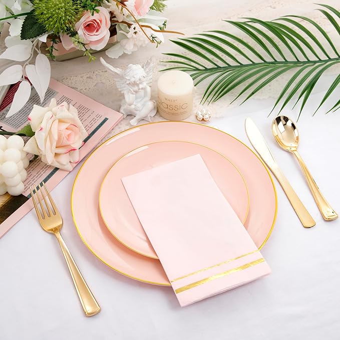 NOCCUR 350PCS Pink Plates Disposable - Pink Gold Plastic Dinnerware Set for 50 Guests Include 100 Dinner/Dessert Plates,150 Cutlery,50 Cups&50 Napkins - Ideal for Party/Wedding/Mother's Day