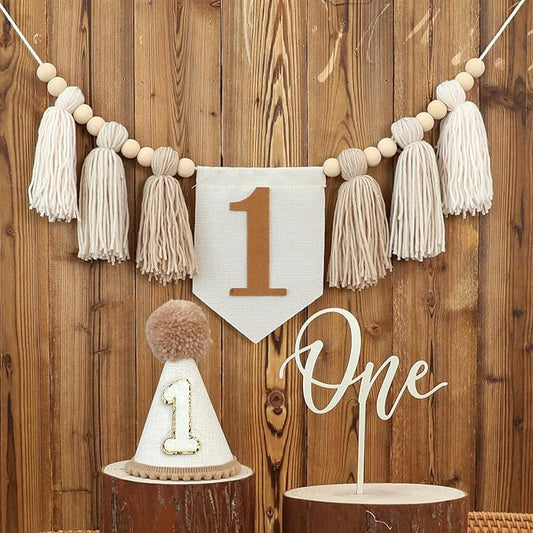 JUIIZAY First Birthday Party Decorations Light Brown High Chair Banner 1st Birthday Crown One Cake Topper 1st Decor