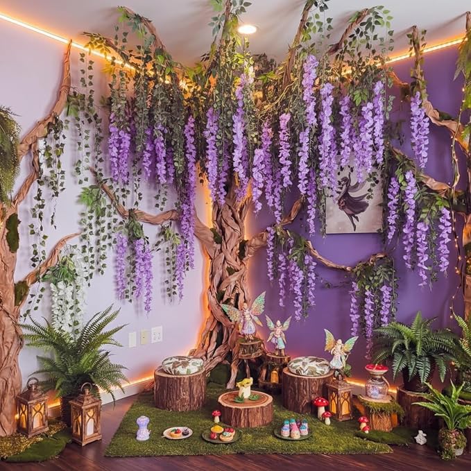 36 Pcs Fairy Party Garland Decorations Set Artificial Wisteria Hanging Flower Garland Wisteria Vines Greenery Whimsical Ceiling Decor for Classroom Wedding Party Indoor Outdoor Garden(Purple)