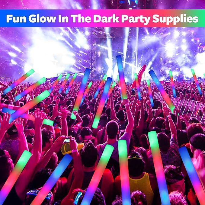 wellent 130 PCS LED Foam Glow Sticks Bulk, Glow in the Dark Party Supplies with 3 Modes Colorful Flashing, Neon Party Favors for Birthday, Wedding, Carnival, Concert, New Year