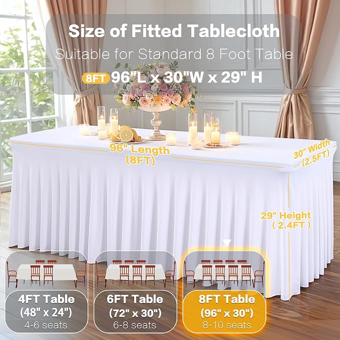 Shillance 2 Packs White Spandex Table Covers 8 Foot, Fitted Stretch Table Cloth with Skirts 96x30 Inch, Wrinkle-Free Floor Length Rectangle Tablecloths for Weddings Parties Banquets Events