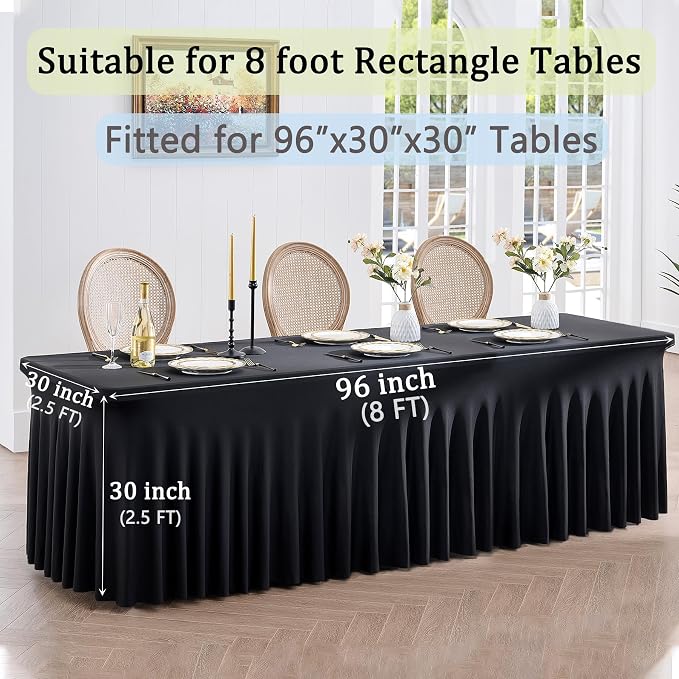 Black Spandex Tablecloth for 8 Foot Rectangle Tables, 6 Pack Black Wrinkle Free Fitted Table Cloths 8ft Stretchy Banquet Table Clothes Cover Desk Skirt for Birthday Wedding Parties Baby Shower