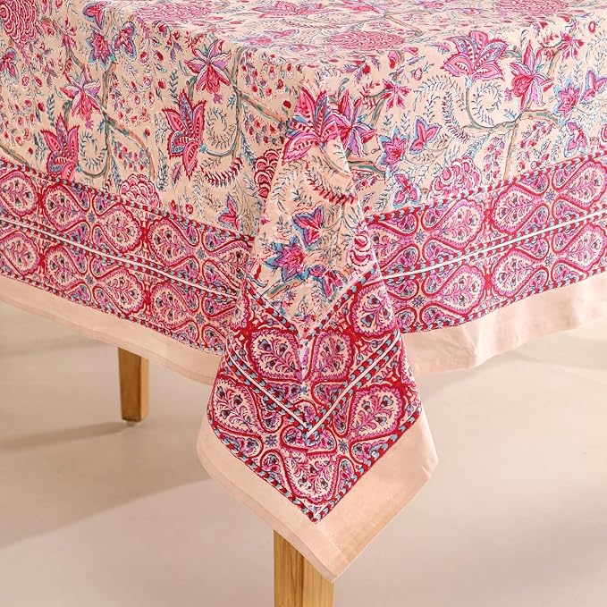 Hand Block Printed Tablecloth, Colorful Floral Print, Indian Artisan Handmade Art, Dining Room, Kitchen, Outdoor Décor, (Rose Tangerine Grace, 12 Seater 72 x 135 Inches Rectangle)