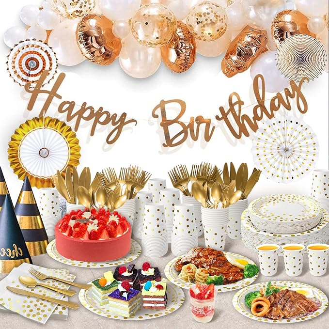 AIRE 350PCS White and Gold Party Supplies, Bulk Disposable Dinnerware Set Serves 50, Heavy Duty Paper Plates & Plastic Cutlery Forks Knives Spoons for Wedding, Anniversary, Large Event