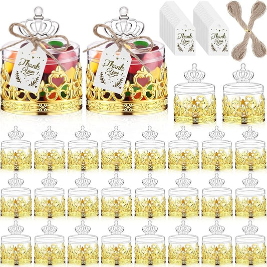 Jingmore 30 Sets Mini Crown Candy Boxes with Thank You Tags and Twine Plastic Candy Storage Boxes for Wedding Baby Shower Princess Birthday Party Supplies(Crown Style,Gold and Clear)