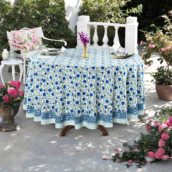 Ridhi Round Tablecloth Hand Block Print 100% Cotton Reusable Queen Blue 120 Inch Table Cover Decorative Everyday Use for Dining, Home, Party, Wedding, Farmhouse, Party Gift for Spring, Mother's Day
