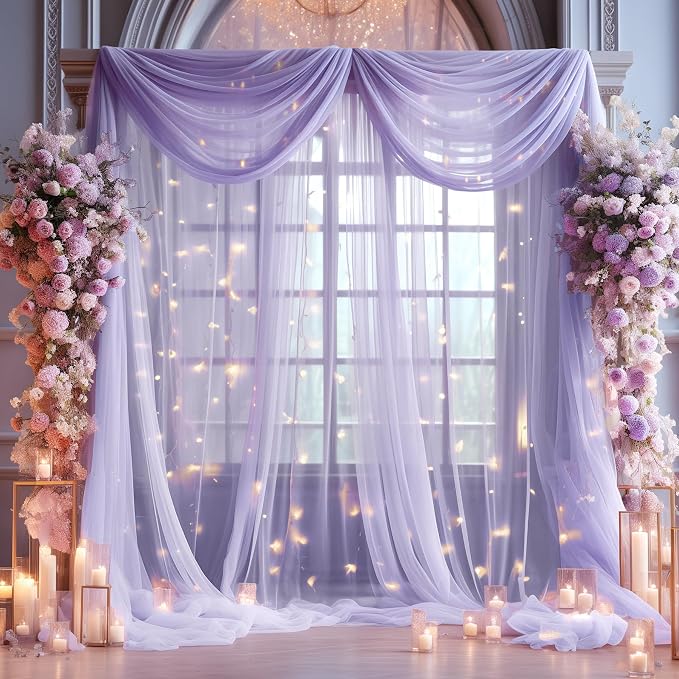 20x10ft Purple Tulle Backdrop Curtain with Lights String for Parites, Sheer Photo Backdrop Curtains with Lights for Wedding Backdrop Ceremony Reception Bridal Shower Baby Shower Birthday Party