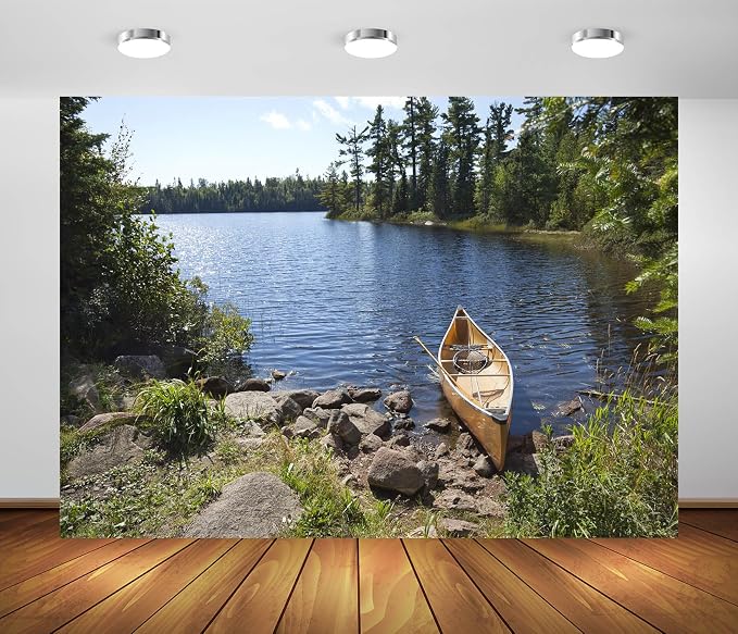 BELECO 12x8ft Fabric Forest Lake Fisherman's Canoe Backdrop for Photography Summer Green Trees River Fishing Background Fishing Theme Party Decorations Studio Booth Photo Props