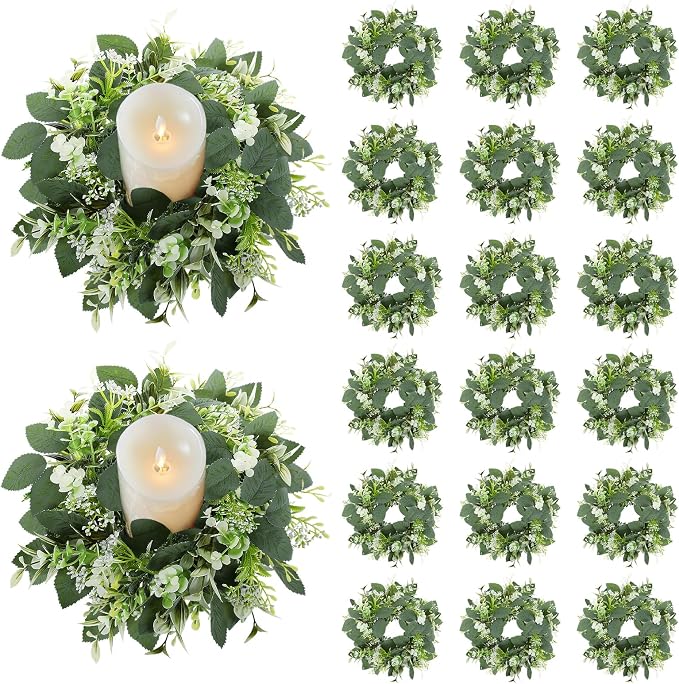 20PCS Artificial Eucalyptus Leaves Wreaths Candle Rings Wreaths Summer Greenery Garland Pillar Holder for Home Wedding Party Table Centerpiece Green