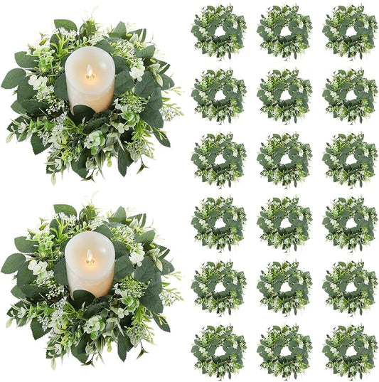 20PCS Artificial Eucalyptus Leaves Wreaths Candle Rings Wreaths Summer Greenery Garland Pillar Holder for Home Wedding Party Table Centerpiece Green