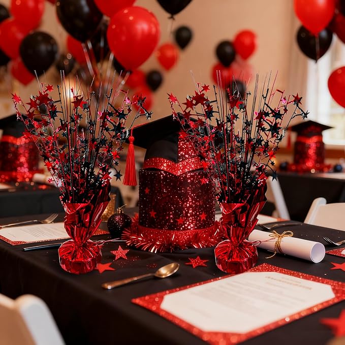 FUBININA 6 Pack 2026 Graduation Table Centerpiece Party Decoration Metallic Foil Spray Centerpiece Glitter Decor Star Tabletop for Graduation New Year NYE Birthday Casino Party Favor, Red and Black