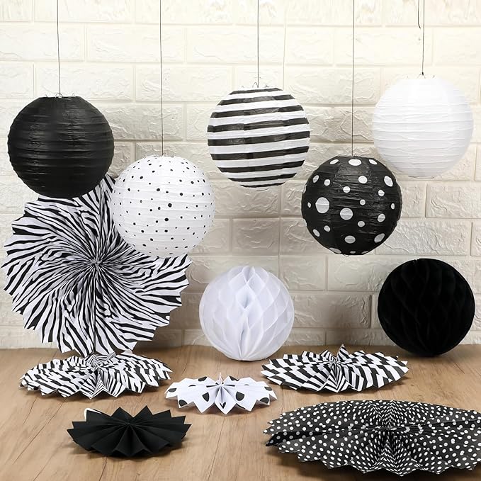 Retisee 18 Pcs Black and White Party Classroom Decoration Hanging Black White Paper Lanterns Paper Fans Honeycomb Balls Polka Dots Stripe Lanterns Decorative for School Classroom Decoration Supplies