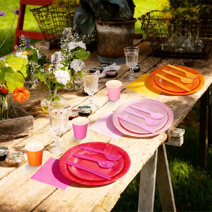 Ziliny 420 Pcs Orange and Pink Paper Plates and Napkins 9 oz Paper Cups Forks Knives Spoons Disposable Tableware for Summer Tropical Theme Birthday Party Supplies, Serves 60