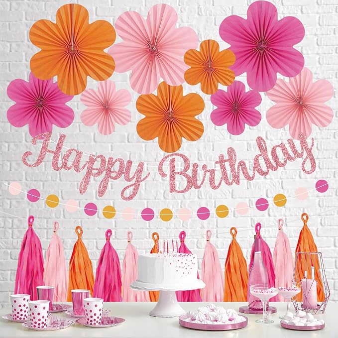 Roetyce Flower Birthday Decorations, Pink Happy Birthday Banner Paper Fan Tassel for Women, Orange Floral Themed Girls BDay Party Supplies, Boho Garland Photo Background Backdrop