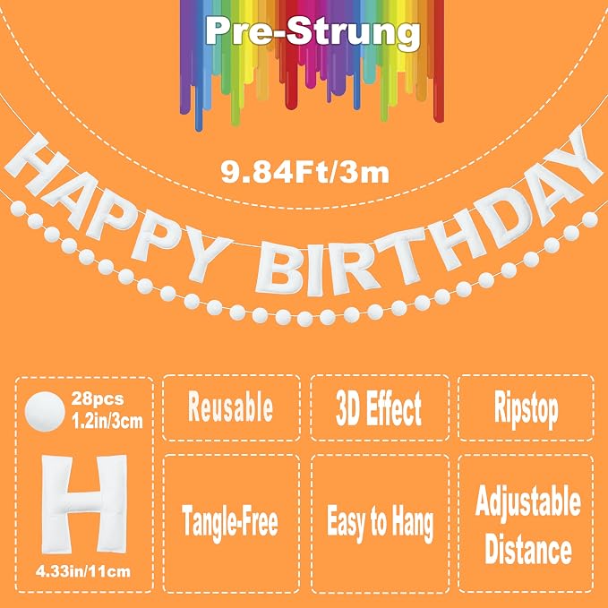 2 PCS Pre-Strung 3D Felt Happy Birthday Banner - White Theme Birthday Decorations Sign, Pom Pom Garland, Reusable Party Decor, Photo Prop（White）