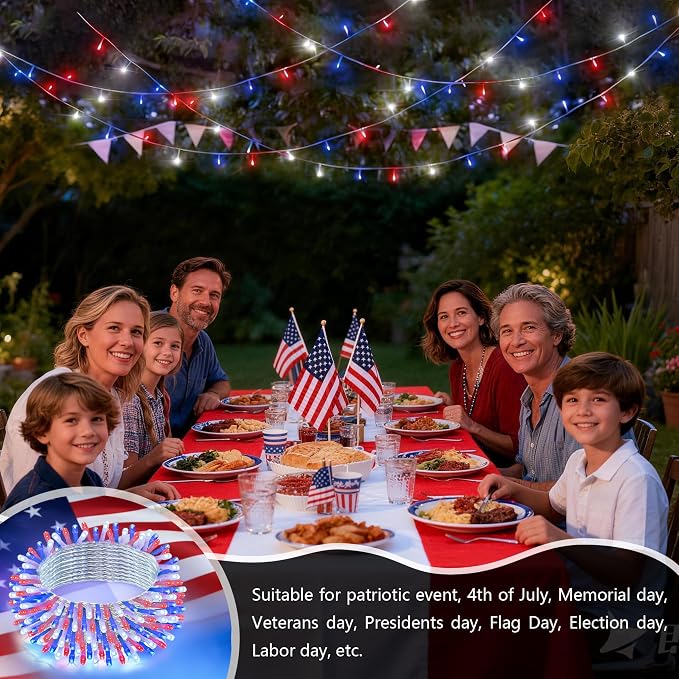 YEGUO Red White and Blue Lights Battery Operated, 2 Pack Each 33ft 100 LED 4th of July Lights Outdoor Waterproof, 8 Modes Clear Wire Fairy Light Indoor with Remote for Memorial Day Patriotic Decor