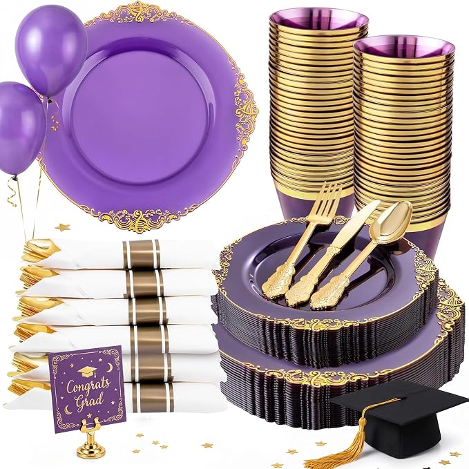 Nervure 175PCS Purple Plastic Plates - Disposable Purple Gold Party Plates & Pre Rolled Napkins with Cutlery for 25 Guests, 50Plates, 75Silverware, 25Cups, 25Napkin for Wedding & Party