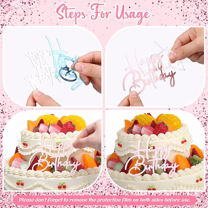 Barydat 50 Pcs Happy Birthday Cake Toppers Bulk Mirror Acrylic Cupcake Topper Cupcake Decorations Happy Birthday Sign for Cake Side Inserts Decor Party Supplies 10 Style (Pink)