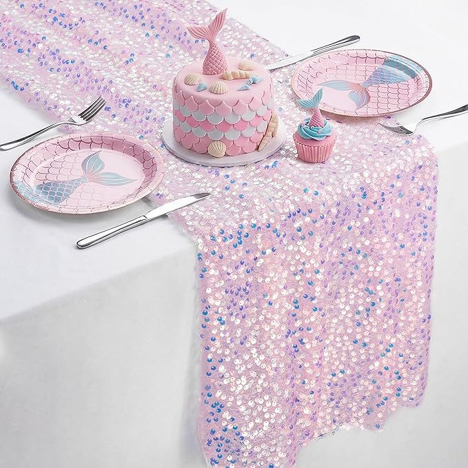 FEXIA Pink Sequin Table Runner 12x72 Inches, Sparkly Blush Table Runner for Wedding Party Shimmer Fabric Table Decoration for Bridal Shower Birthday Baby Shower Ocean Themed Party for Dining Room
