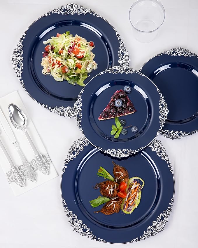 Hioasis 350pcs Blue and Silver Plates - Blue Party Plates for 50 Guest, Include 100 Heavy-duty Plates(20% Thicker Than Standard), 150 Cutlery Set, 50 Napkin, 50 Cups