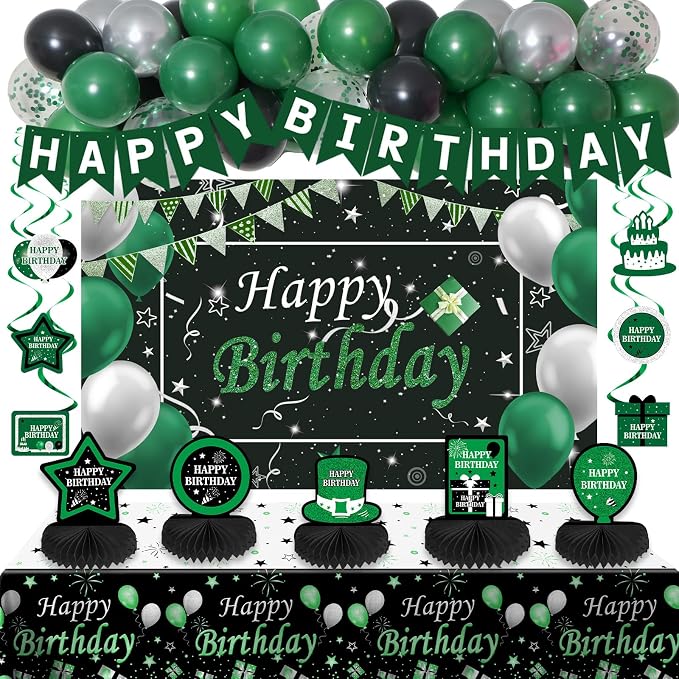 Green and Black Birthday Decorations, Green Party Decorations for Men Boys Women Girls with Balloons Arch Garland Kit Happy Birthday Banner Tablecloth Backdrop Decorations Bady Party Supplies