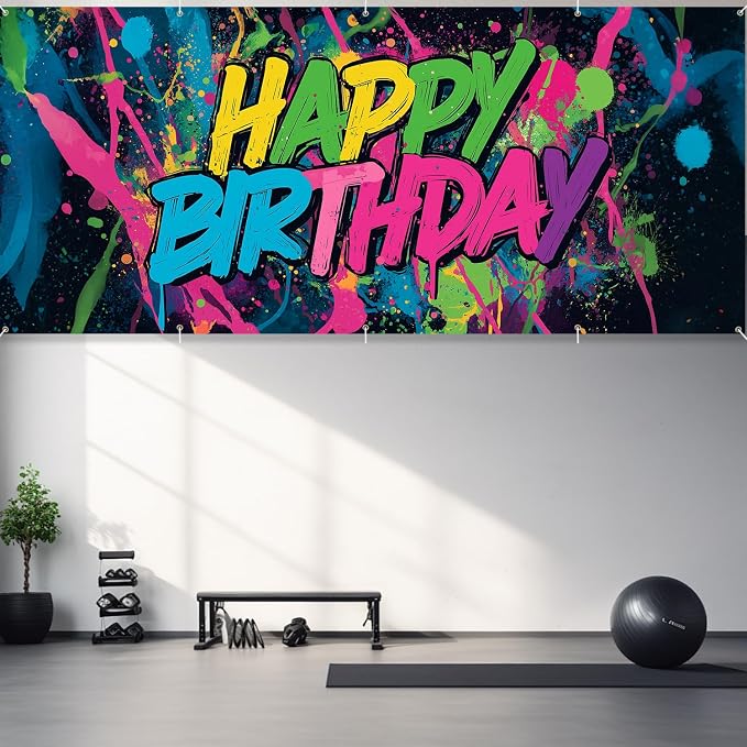 Neon Paint Splatter Birthday Backdrop 7x16ft Waterproof -Graffiti Garage Door Banner for Teen Party,Youth Photo Booth Background Wall Decor
