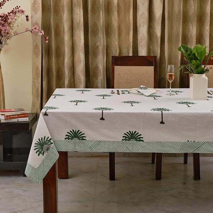 Ridhi Green Palm Hand Block Print Cotton Rectangle Tablecloth 120" x 80" inches Reusable Table Cover Decorative Everyday Use for Dining Room, Farmhouse, Home Gift for Spring, Mother's Day