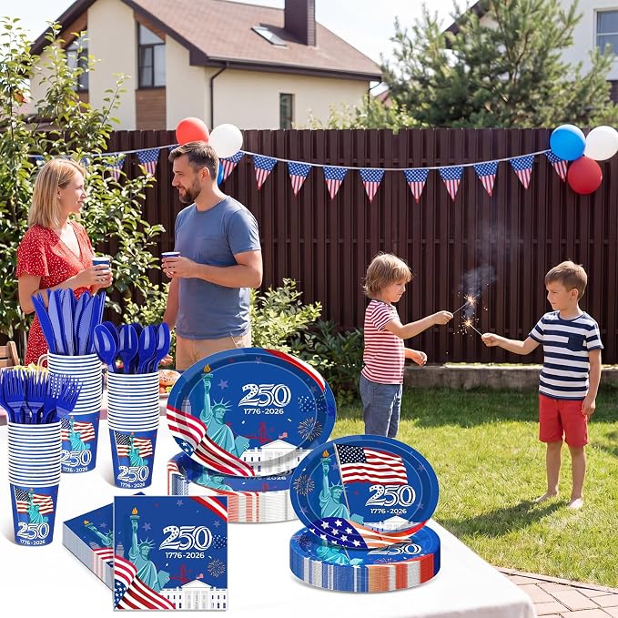 Pajean 350 Pcs 4th of July Party Decorations 12 inch Disposable Patriotic Oval Plates and Napkins Heavy Duty American Flag Paper Tableware Set for 50 Guests 250th Independence Party Supplies
