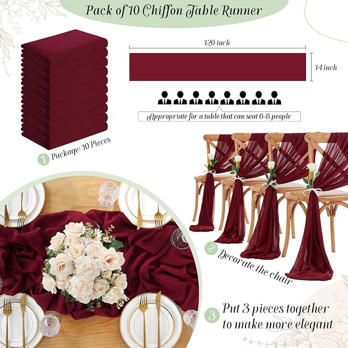Burgundy Chiffon Table Runners 10 Pieces 14x120 Inches Sheer Table Runner for Weddings Baby Shower Birthday Party Table Top Decoration
